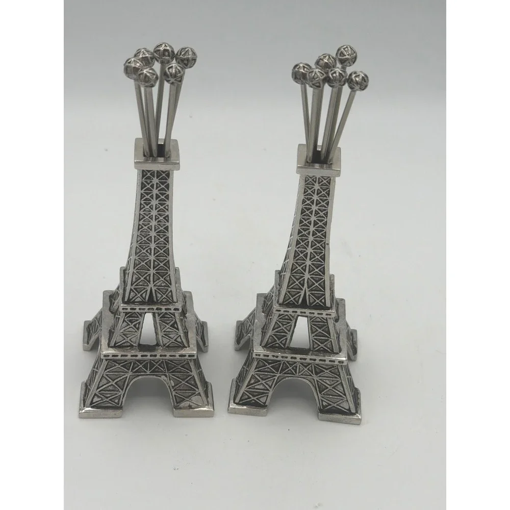 Vintage Eiffel Tower Cocktail Pick Set Silver Metal Paris Barware 2 Holders 12pc
